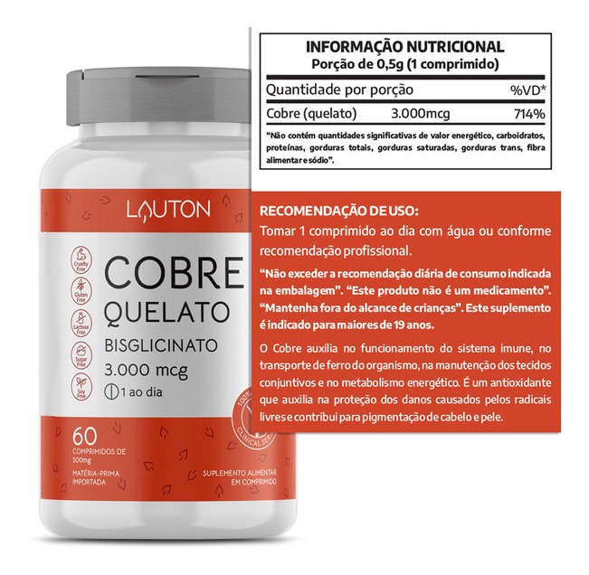 Cobre Quelato Para Que Serve Cobre Quelato 3000mcg 60 Comprimidos Lauton Nutrition (2 Un) | Mercado