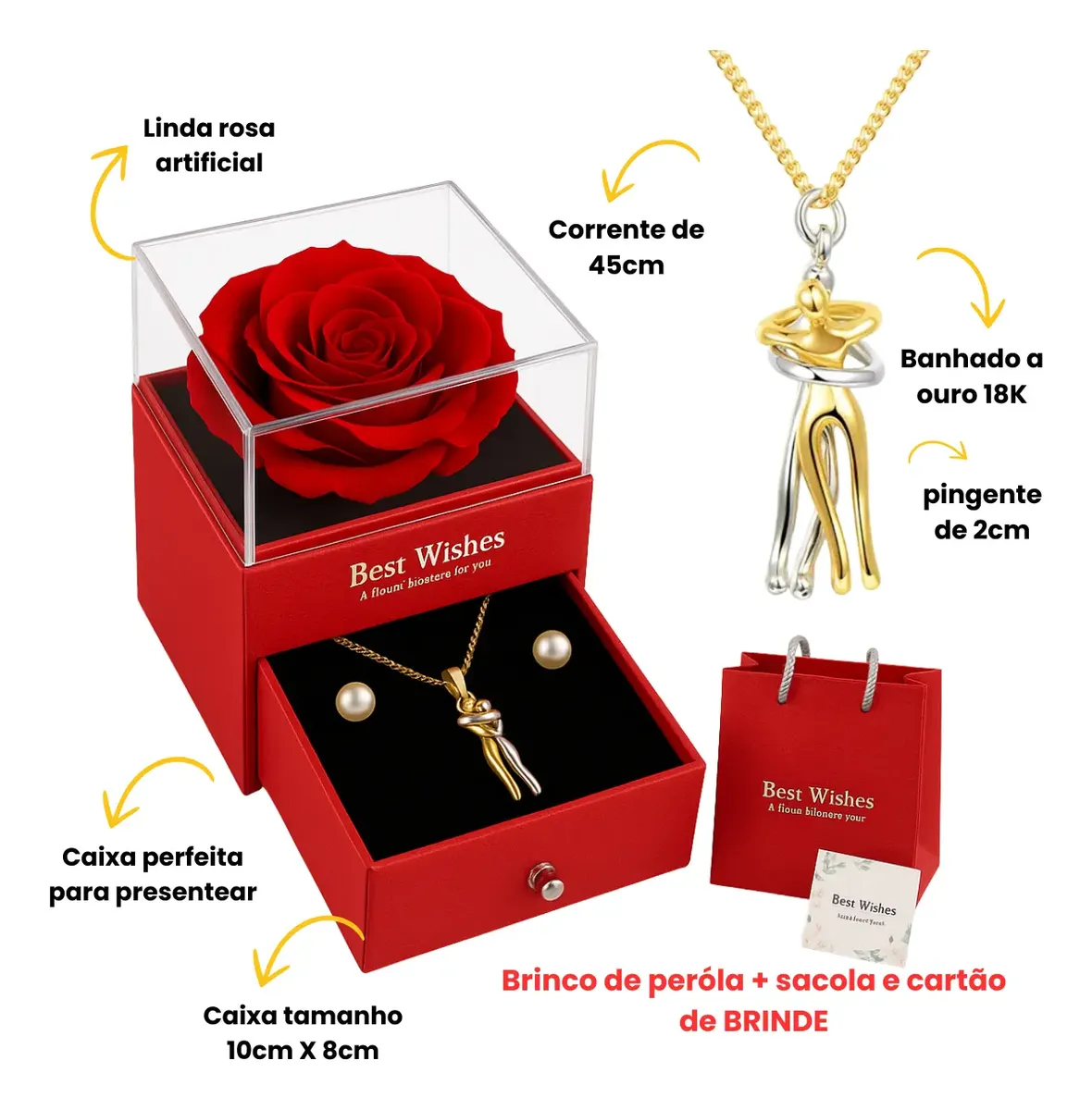 Colar Abraço Casal Caixa Vermelha Luxo Rosa Banhado Ouro 18k — foto 7