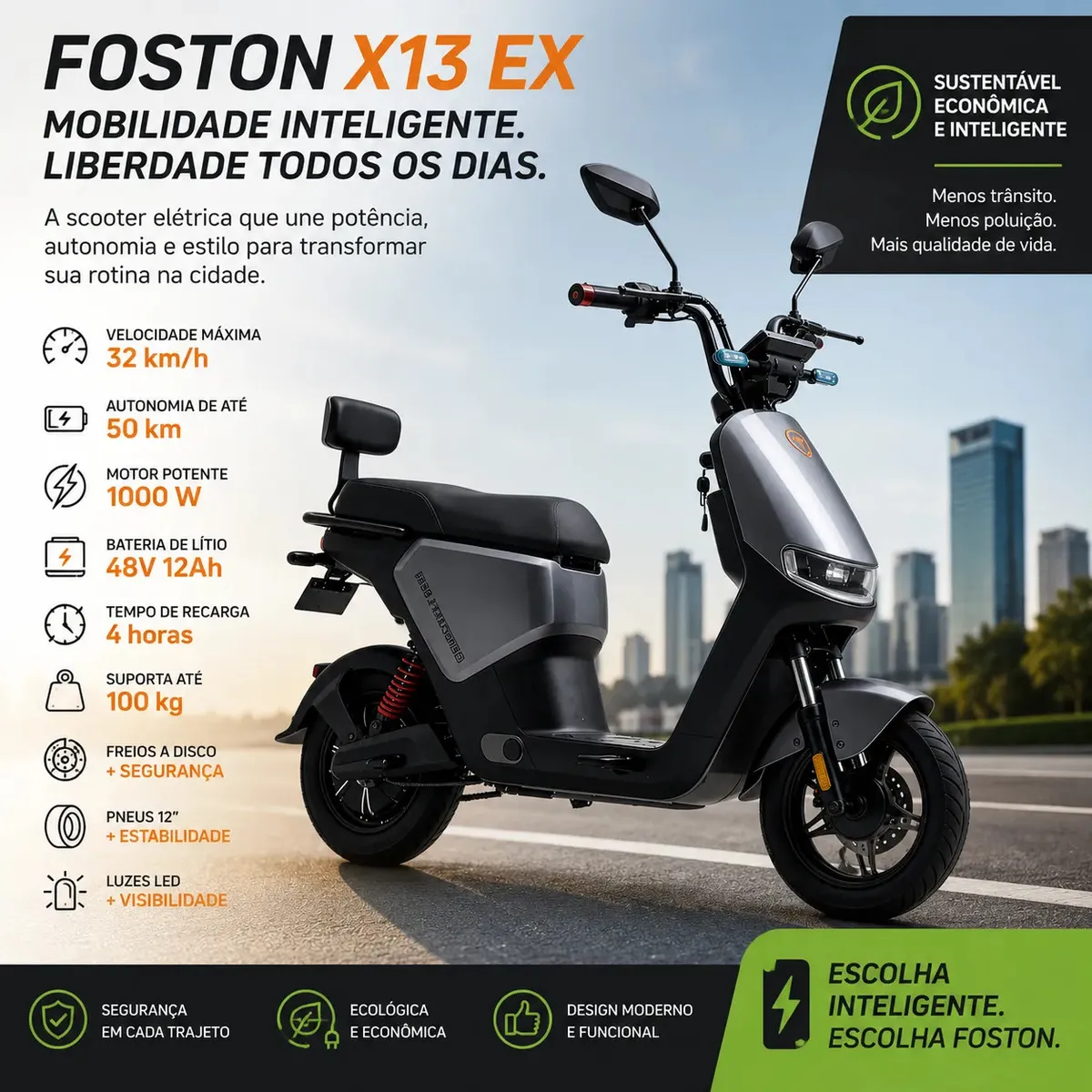 Scooter Moto Eletrica X13 Ex Foston 1000w 32km/h Nfc Cinza Cinza-escuro