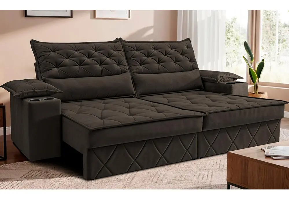 Sofá Retrátil 2,10m Com Porta Copos Cosmos. Cama Inbox Café Liso