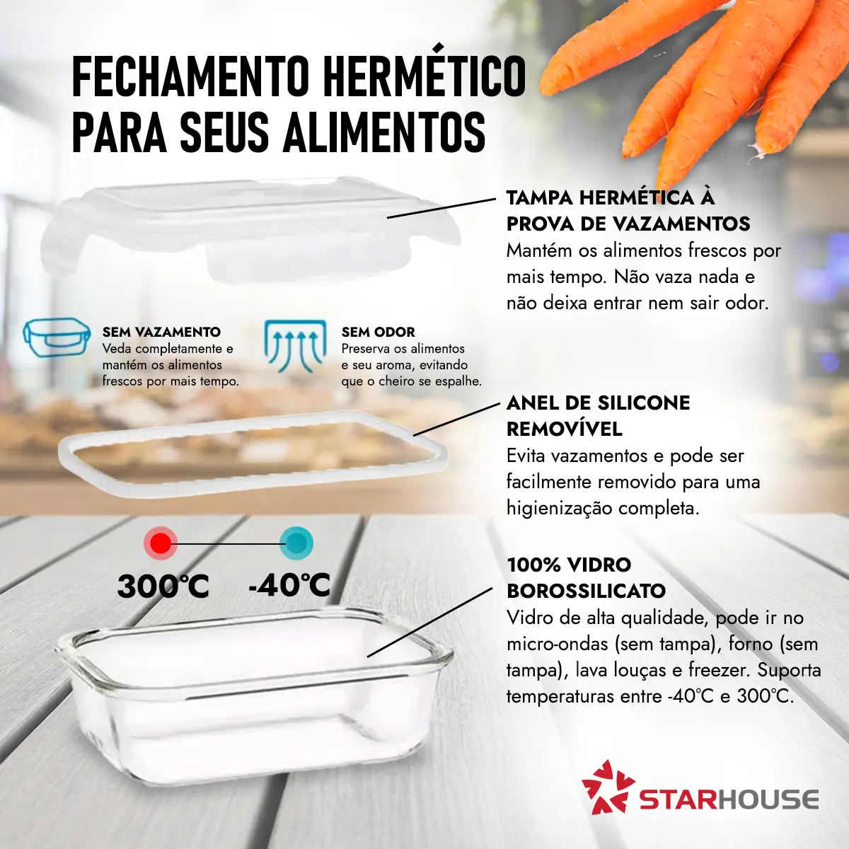 Detalhe da tampa hermética e do material de vidro borossilicato dos potes Star House.