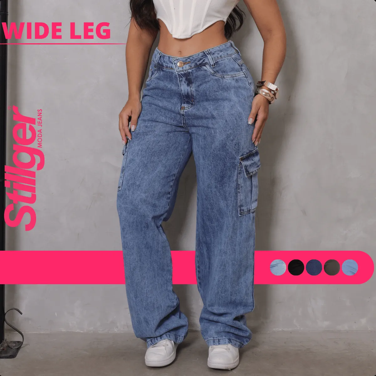 Calça Cargo Feminina Wide Leg Cintura Alta Stillger Jeans