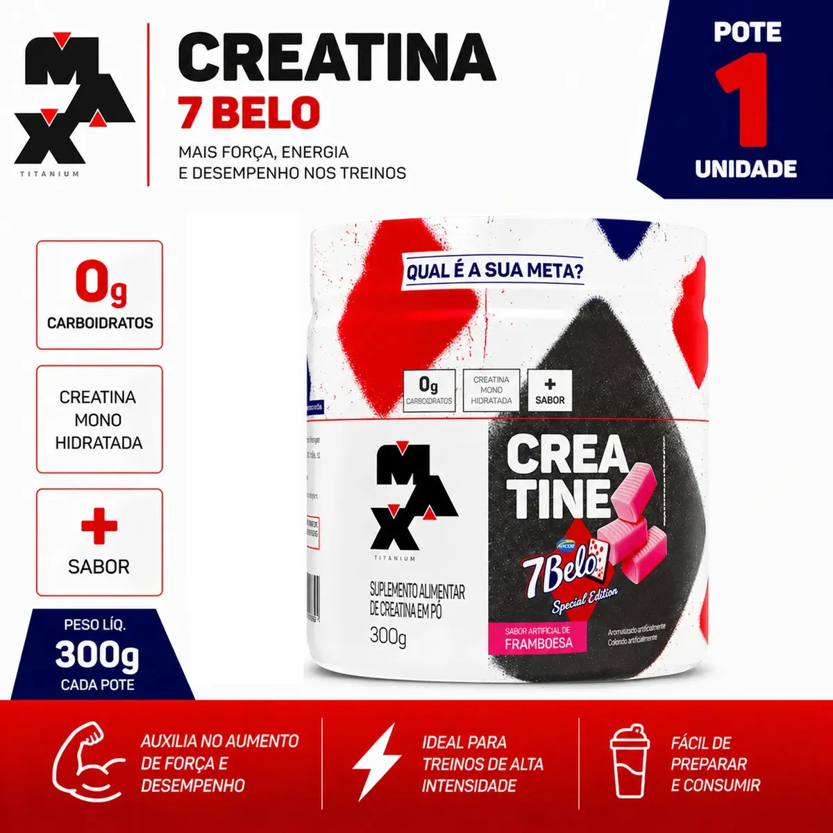 Anúncio promocional destacando o pote de Creatina Max Titanium 7 Belo com informações de benefícios e preparo