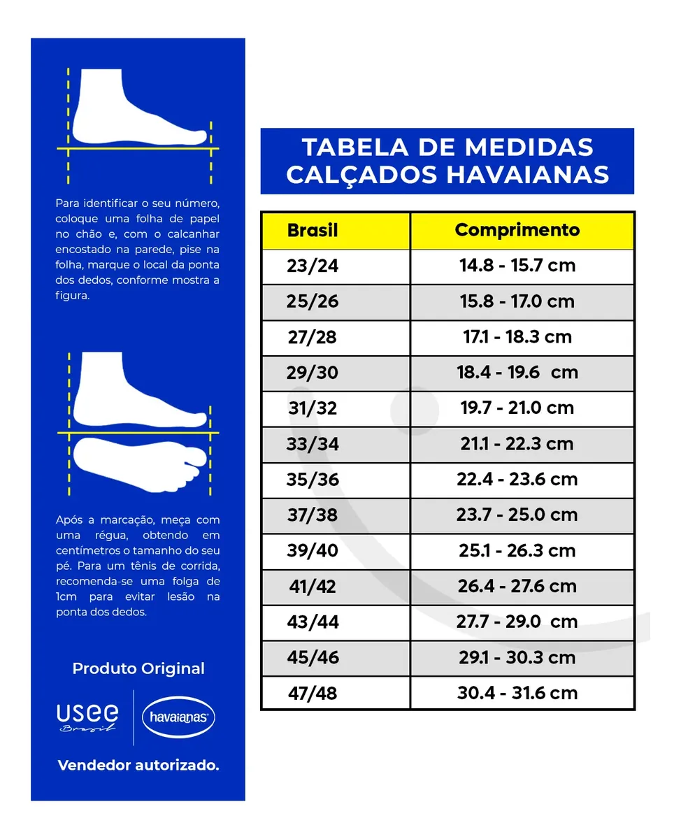 Tabela de medidas para calçados Havaianas com ilustrações de como medir o pé