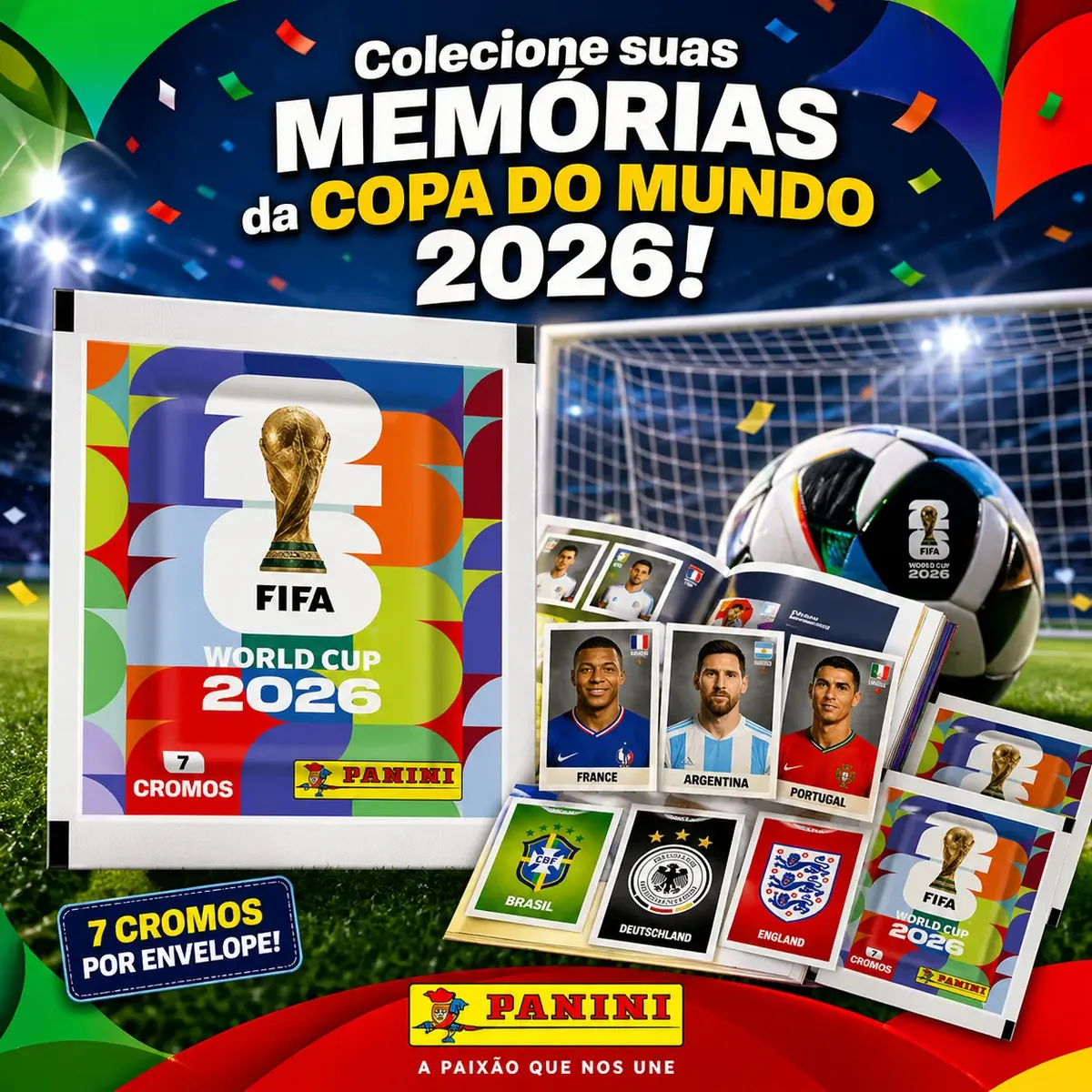Banner promocional da Panini com o álbum aberto mostrando figurinhas de jogadores como Messi e Cristiano Ronaldo, envelopes de cromos e uma bola de futebol ao fundo.