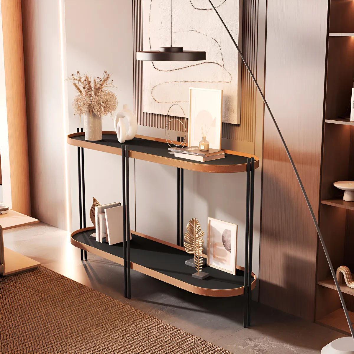 Aparador Industrial Manhattan Com Prateleiras Couro Cor Preto/preto