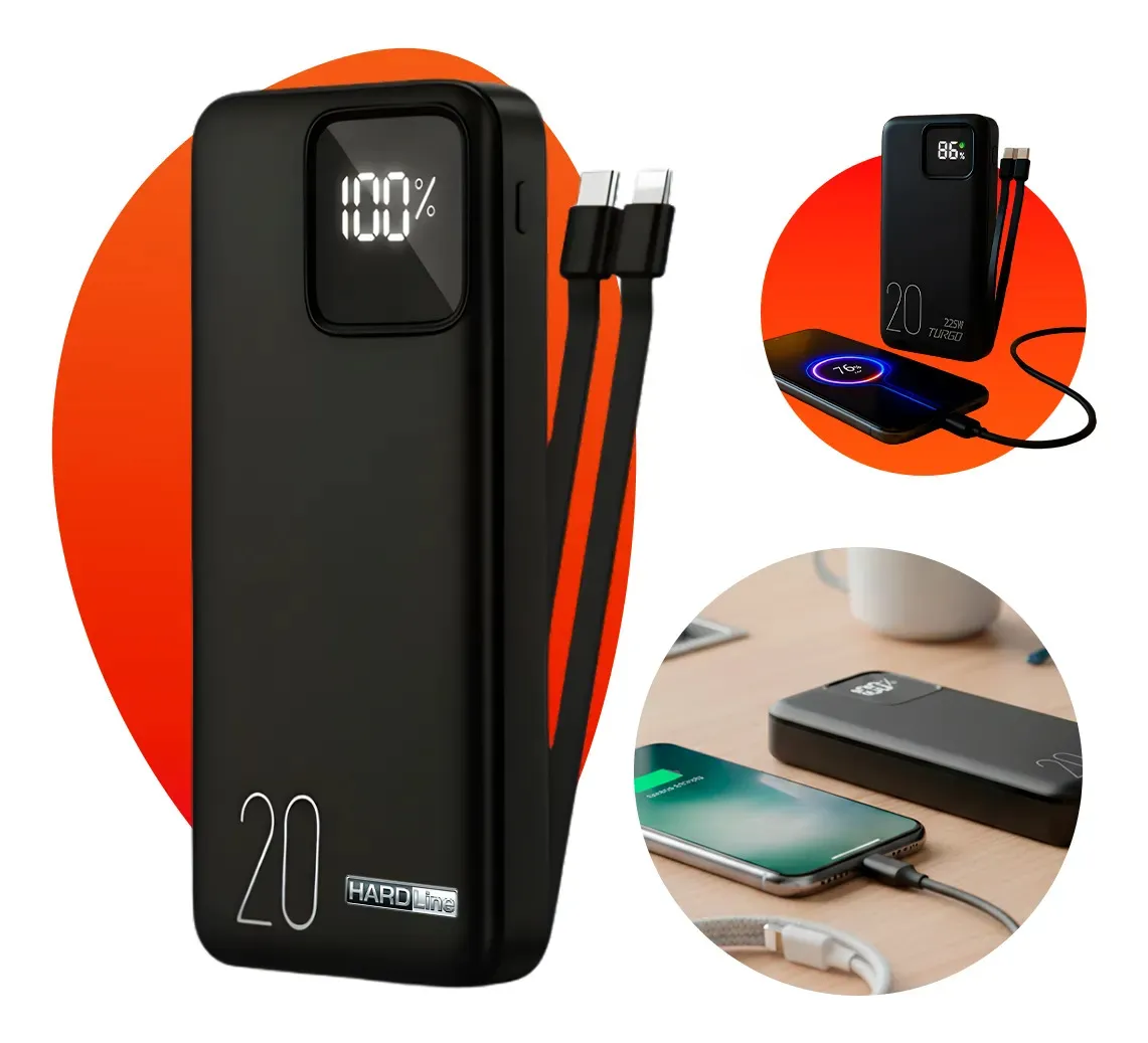 Carregador Portátil Power Bank 20000mah 22.5w Turbo Usb-c Display Digital Carregamento Rápido Universal Compativel iPhone Samsung Motorola Xiaomi 3 Saídas Preto Ou Branco - Marca Hardline Preto/branco