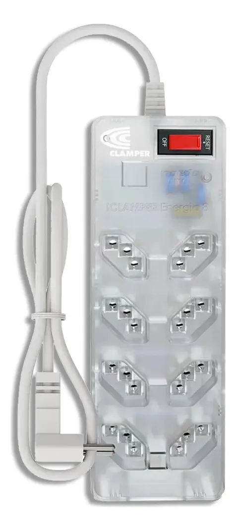 Filtro de Linha 8 Tomadas 3 Pinos 10A iClamper Energia 8 com Tecnologia LCF e DPS Protetor de Surto Elétricos e Raios Cor Transparente