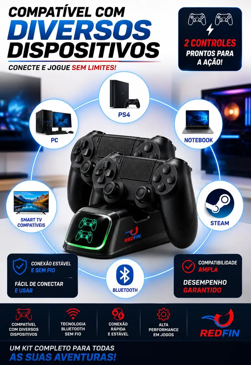 Kit 2 Controles Para Ps4 + Base Carregador Para 2 Controles Compatível Sem Fio – Tv Samsung Pc P4 Ps 4 Bluetooth Manete Gamer Tv Smart Celular Headset P2 Cor Preto Marca Redfin — imagem 3