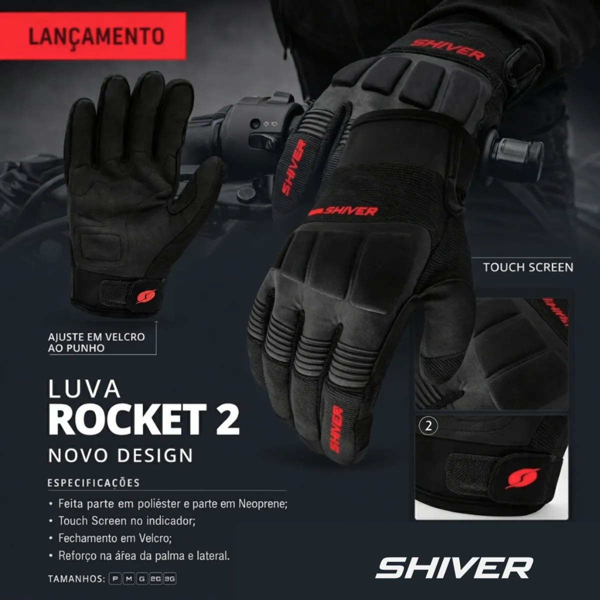 Luva Shiver Rocket 2 P Ao Ggg Moto Vermelha Touch Original — foto 2