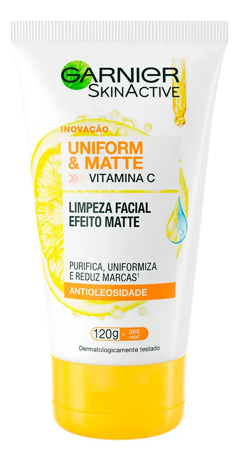 Sabonete Limpeza Facial Vitamina C Antioleosidade Limpa Profundamente, Remove Oleosidade e Maquiagem Efeito Matte Reduz Marcas Uniform & Matte Garnier 120g