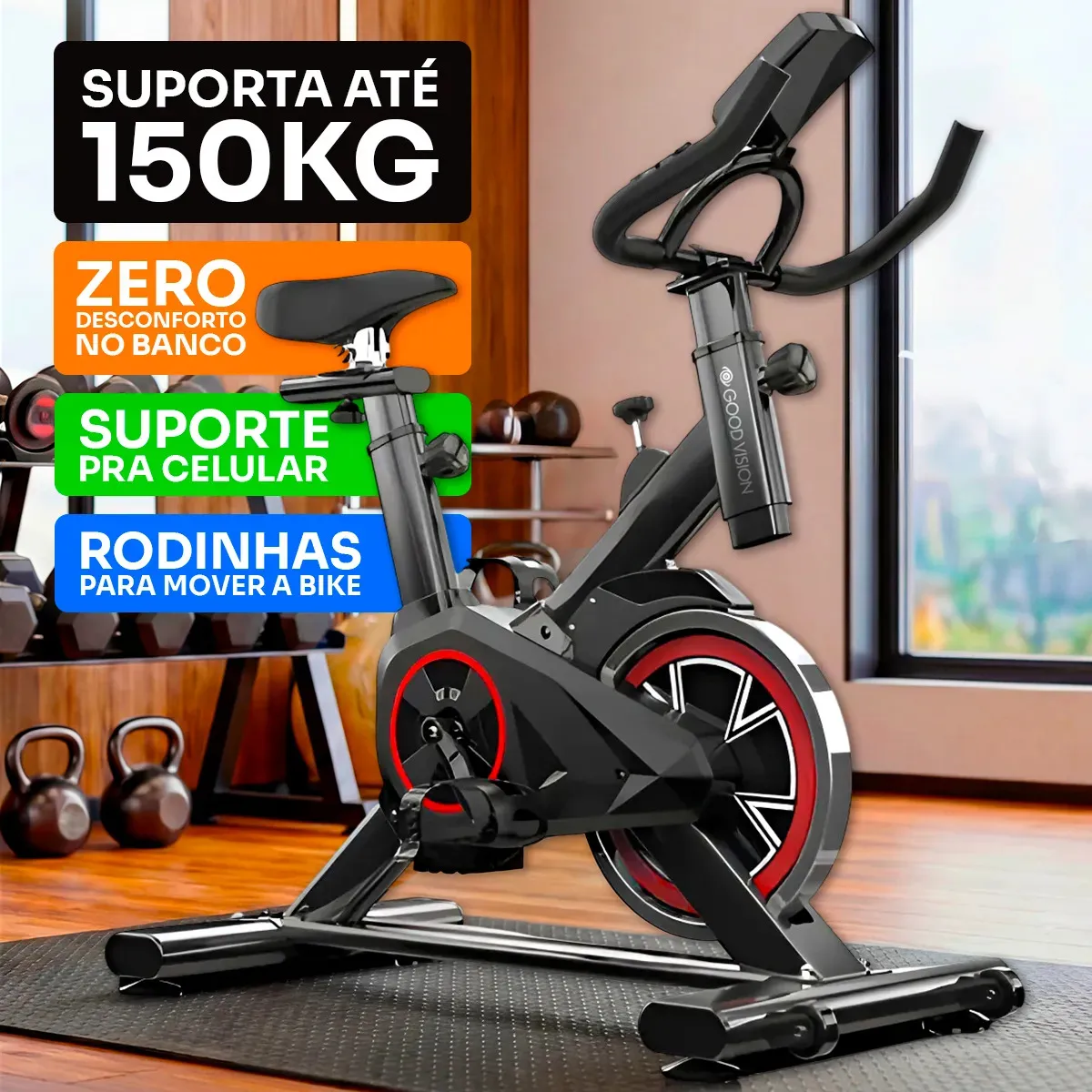 Bicicleta Ergometrica Spinning GoodVision Profissional Para Cardio Fitness Musculação Atividade Física Inercia Cor Preto e Vermelho ate 150kg