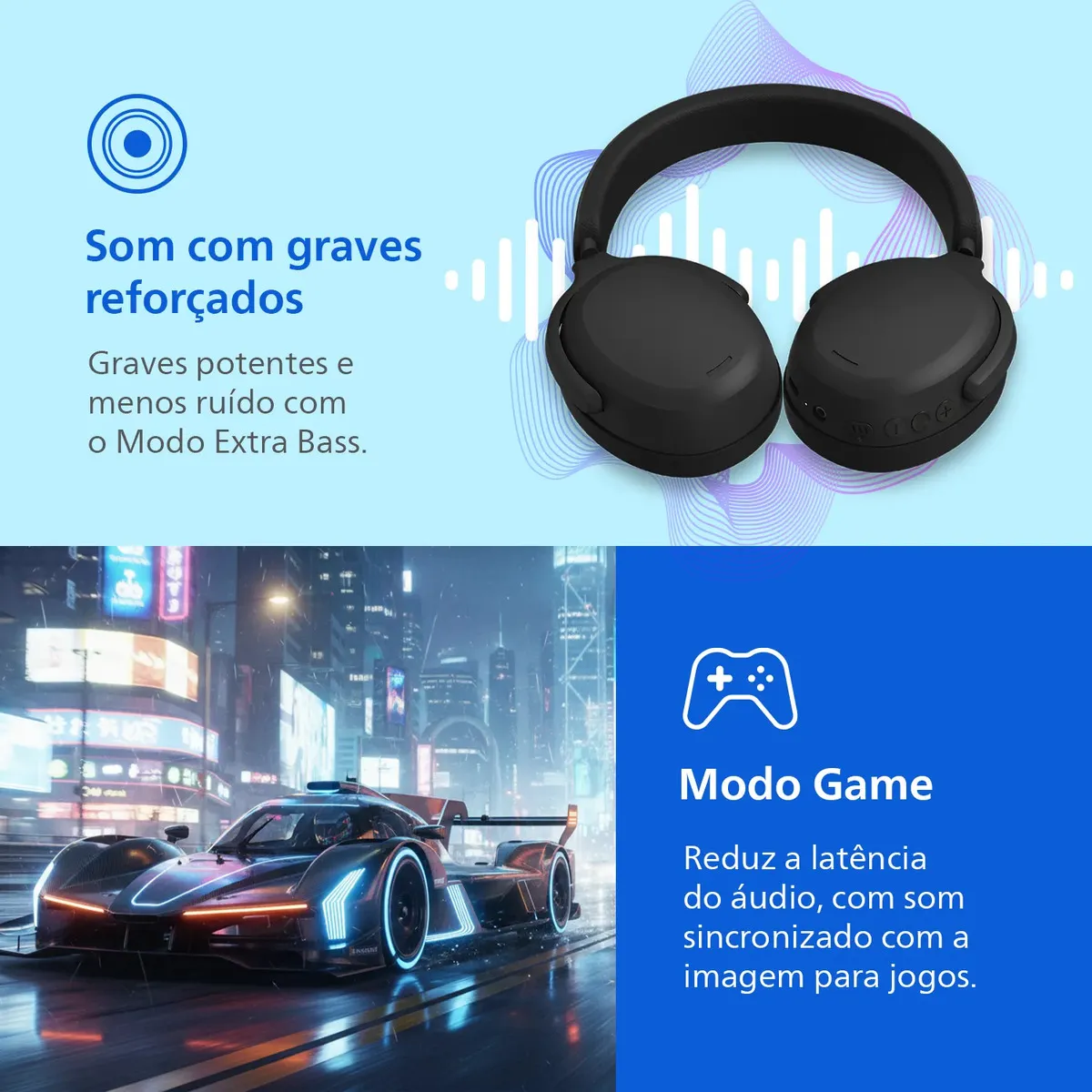 Headphone Bluetooth Philips TAH2500BK/97, Fone Sem Fio com Cancelamento de Ruído Ativo ANC, Até 50h de Bateria, Microfone para Chamadas, Modo Game, Preto
