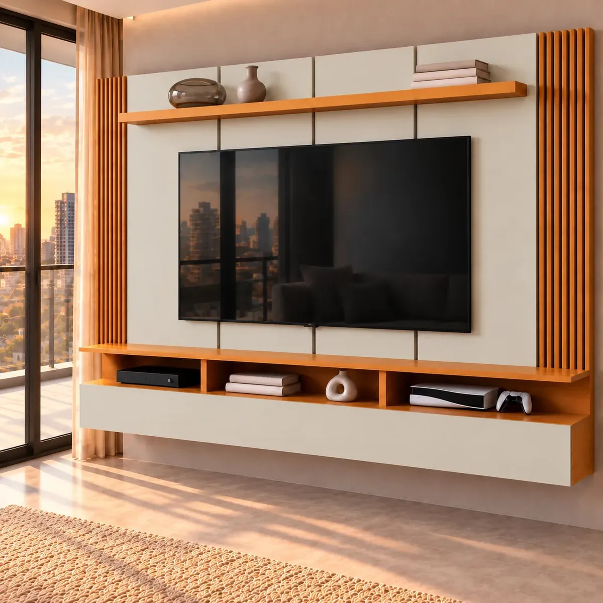 Painel Para TV de Até 65" DJ Soul 183 cm Com Ripado e Nichos Para Sala Bali/Cedro
