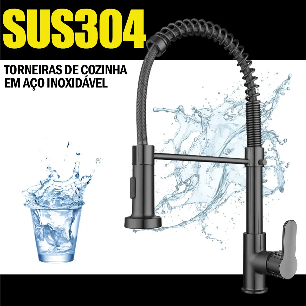 Infográfico da torneira de cozinha SUS304 preta com imagem de copo de água e respingos ao fundo