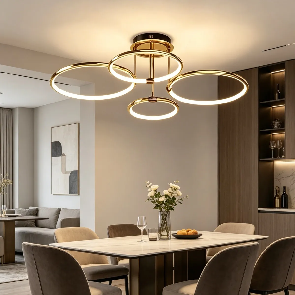 Luminária De Teto Led Plafon Moderno 4 Anéis Sala De Jantar