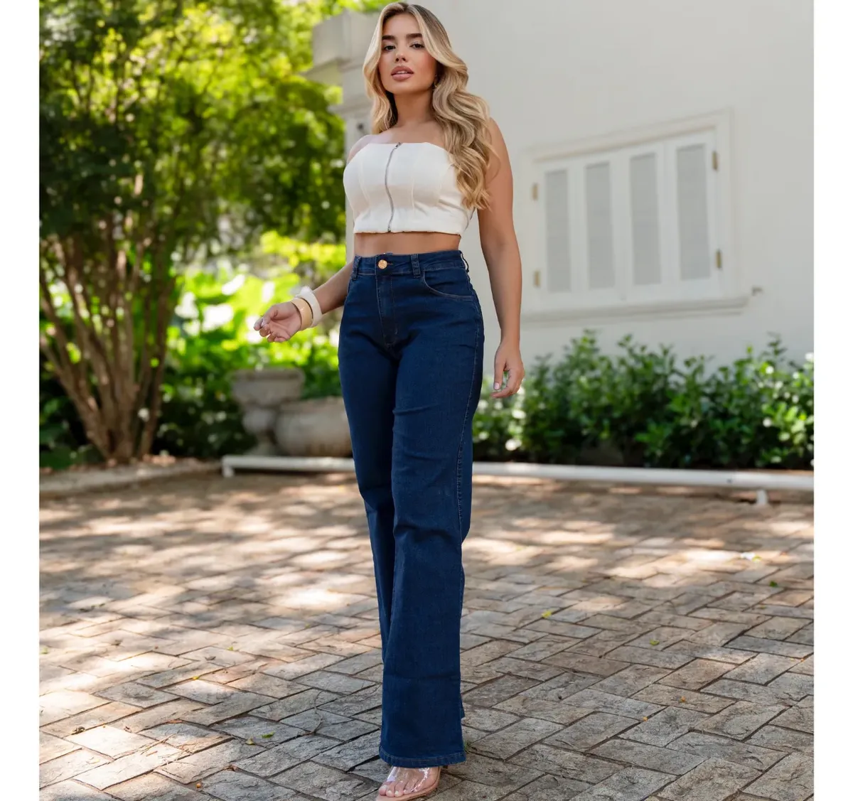 Calça Jeans Wide Leg Lycra Premium Cintura Alta Blogueira