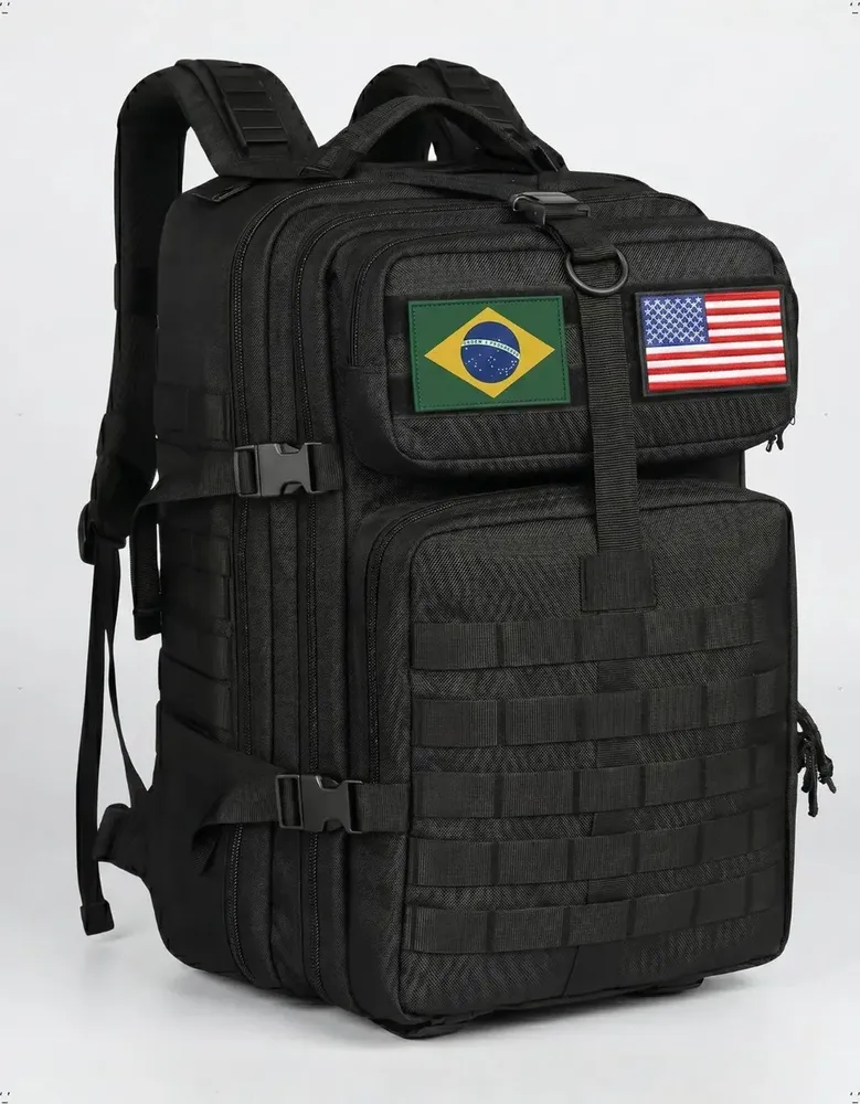 Mochila T&aacute;tica Militar 50l Masculina Refor&ccedil;ada Oxford 900d Resistente A &Agrave;gua Com 2 Patch Brasil Eua Viagem Camping Trekking Pesca Bagerar Preta Preto Liso
