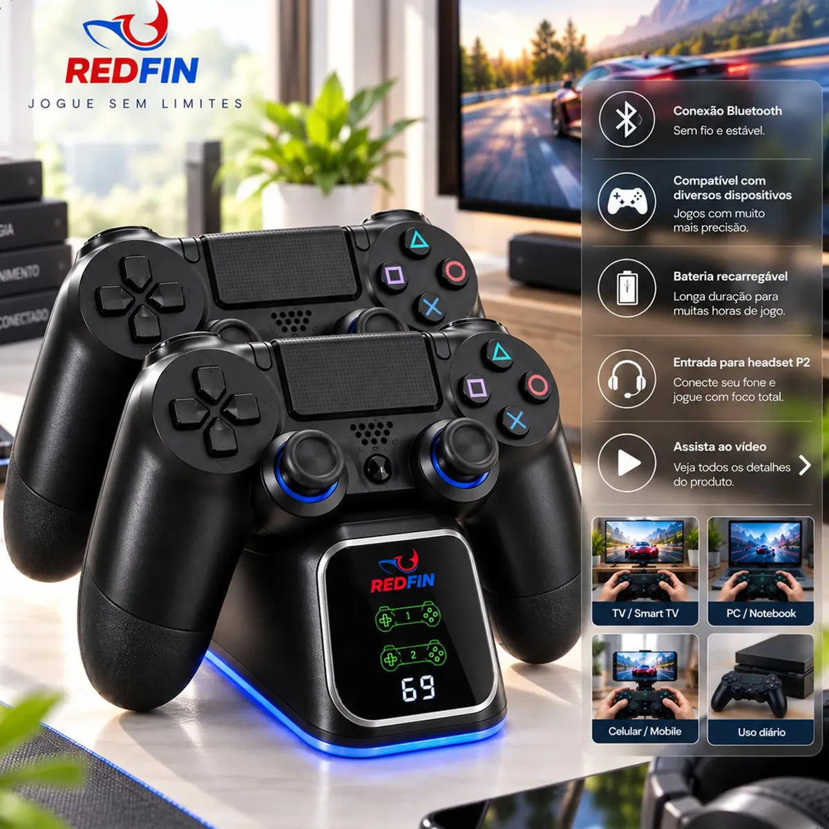 Kit 2 Controles Para Ps4 + Base Carregador Para 2 Controles Compatível Sem Fio – Tv Samsung Pc P4 Ps 4 Bluetooth Manete Gamer Tv Smart Celular Headset P2 Cor Preto Marca Redfin — imagem 1