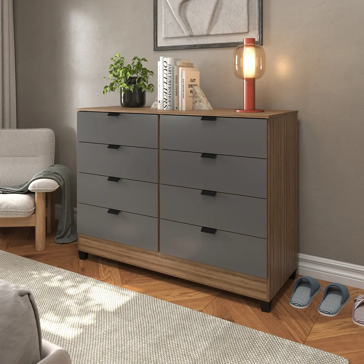 Cômoda Industrial Cor Cinza Chumbo 8 Gavetas P/ Quarto Casal Design Moderno - Imagem 3