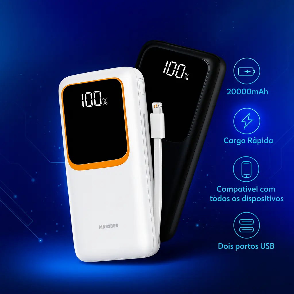 Power Bank 20.000mah 22.5w Carga Rápida Com Display Digital Carregador Portátil Carga Rápida Premium Compatível Com... Preto/branco (modelo1)