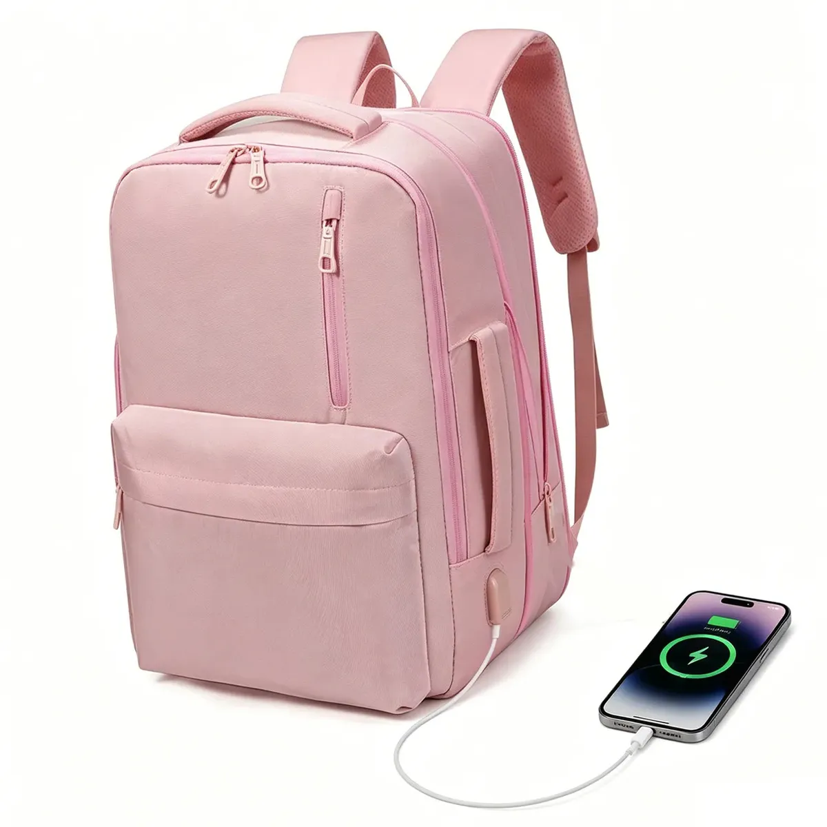 Mochila feminina, impermeável, reforçada, com capacidade expansível de 25 a 40 L, capaz de acomodar um laptop de 15,6 polegadas, com porta de carregamento SUB（Rosa）