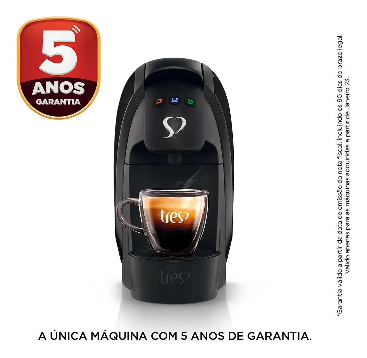 Cafeteira Espresso Três Corações Luna preta com selo de 5 anos de garantia e uma xícara de café.