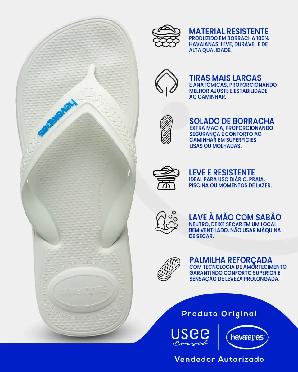 Chinelo Havaianas Top Max Comfort branco com detalhes informativos sobre suas características