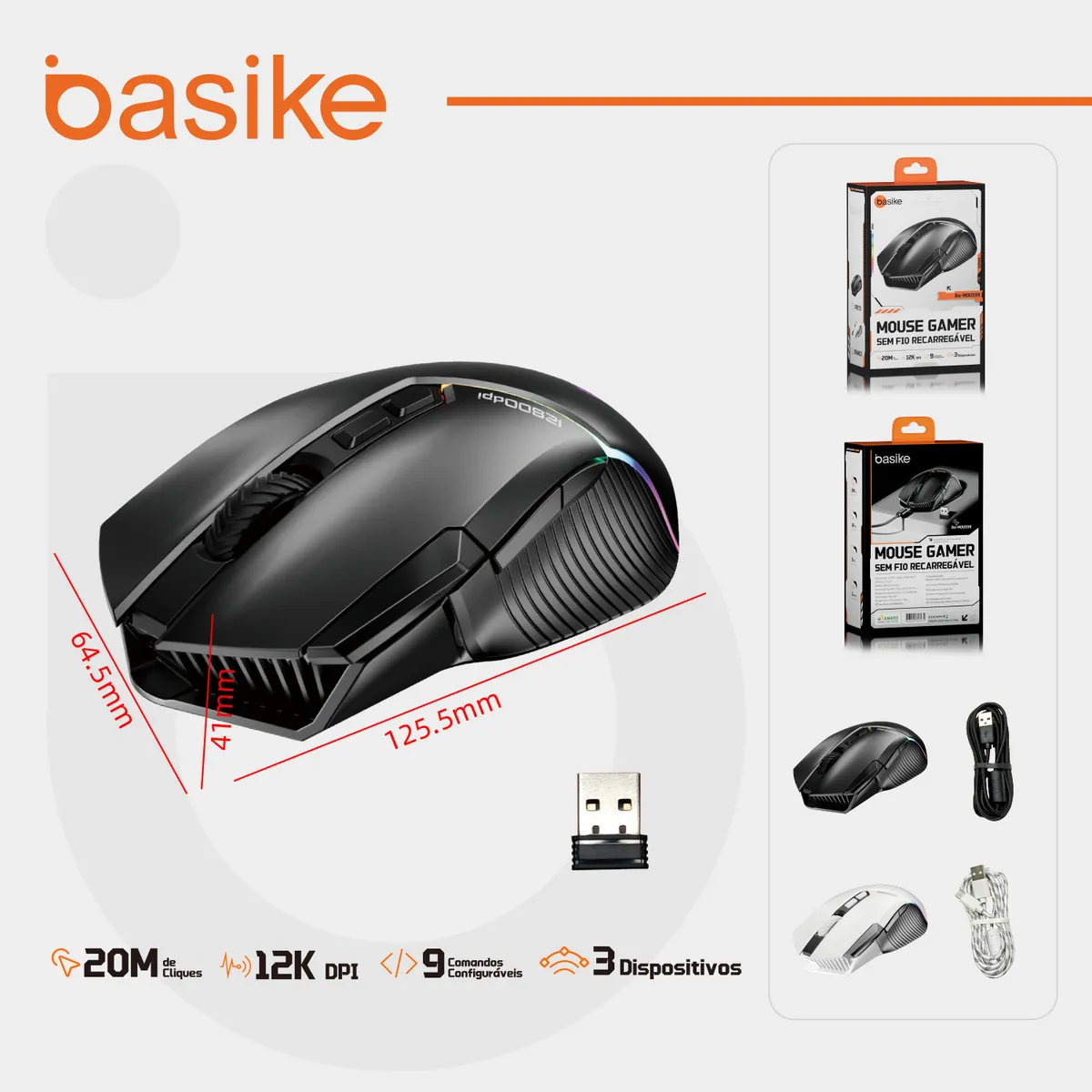 BASIKE mouse gamer sem fio RGB Mouse Recarregável Mouse, Mouse Tri-Modes BT5.1/Tipo C com fio/Sem fio 2.4G - Sensor 30G - 12.800 DPI - 96g Leve 9 ComandosAjustávels Up to 260h Battery Life for PC/Mac - Imagem 3