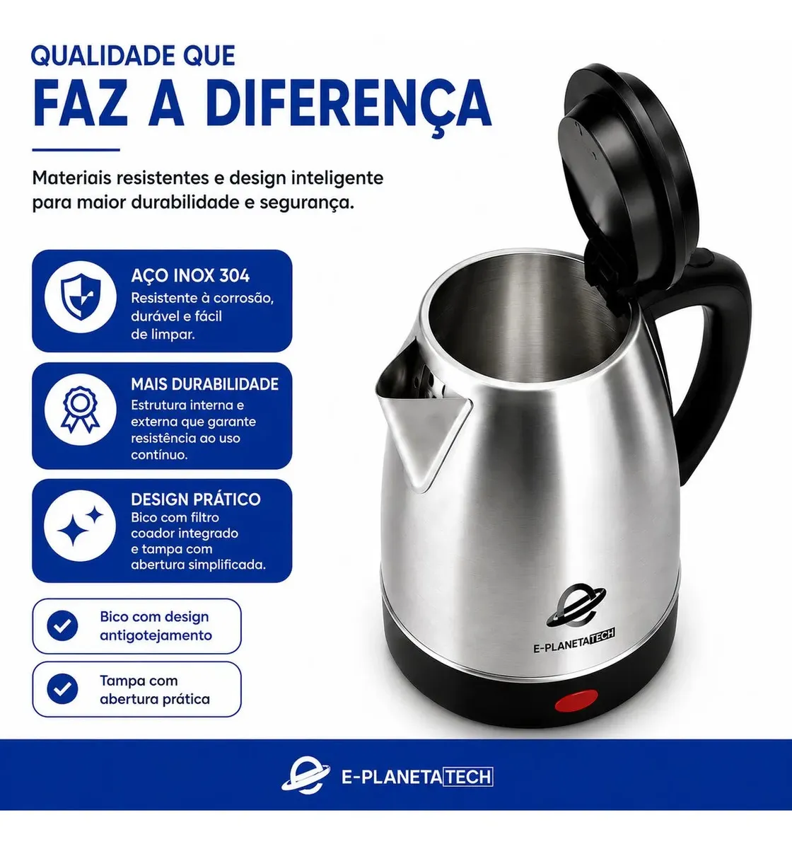 Chaleira Elétrica De Aço Inox PlanetaTech 1200w 1,8 Litros com Desligamento Automático e Base Giratória na cor prateado — imagem 3
