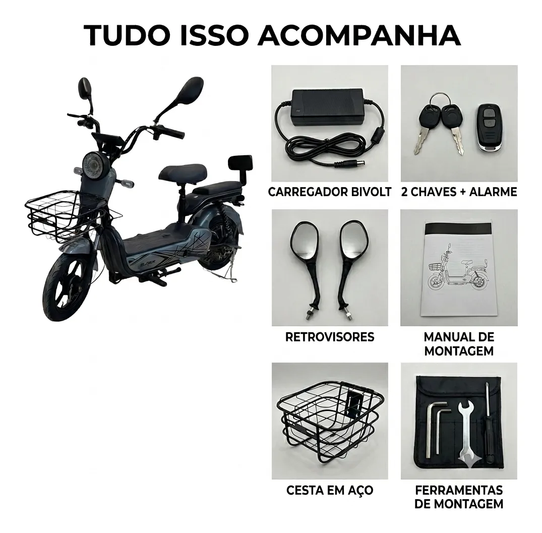 Kit de acessórios acompanhantes da bicicleta Elowise: carregador bivolt, chaves com alarme, retrovisores e manual de montagem