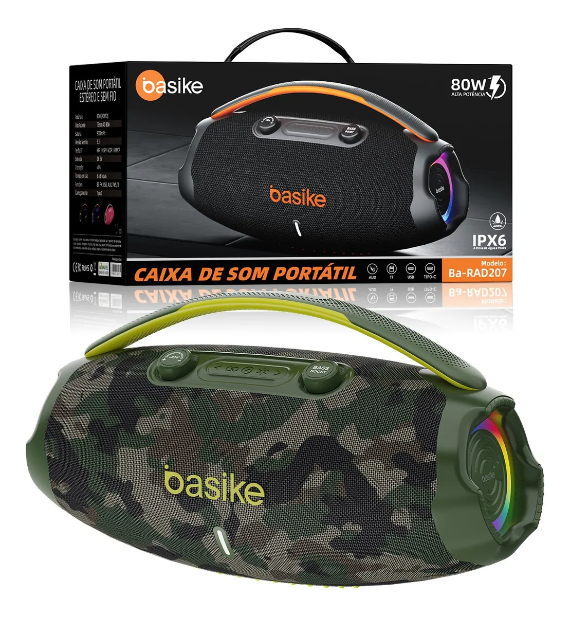 Basike Caixa Som 80w Caixa de som potente Alta Hifi, Ajuste Graves / Agudos botão, Bluetooth 5.3 Luzes Rgb, Com Bass Boost /Tws/função de rádio, Bateria 9000mah 8h, para praia, casa, exterior, viagens