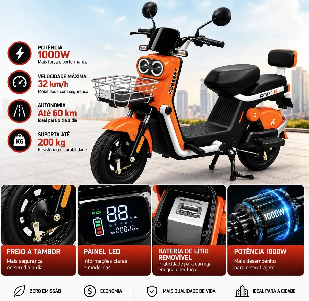 Moto elétrica Bike Scooter 1000W laranja com bateria de lítio