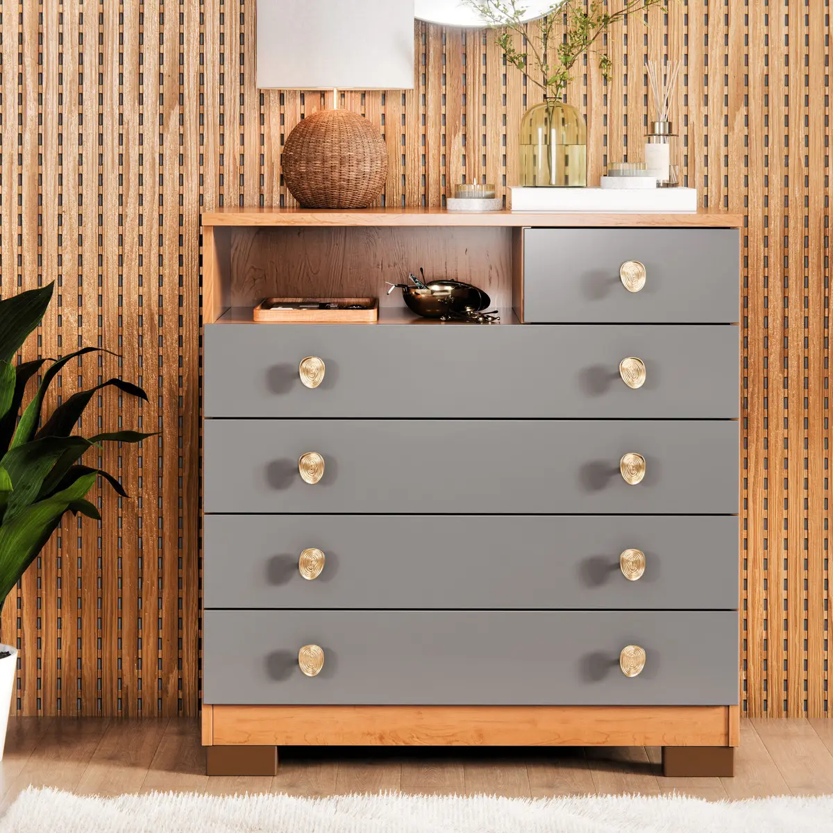 Cômoda 5 Gavetas Com Nicho Organizador SELECT Para Quarto 75cm NATURE GRAFITE | Gaveteiro Multiuso 91x75x39,5cm Com Puxadores Dourados Cor NATURE GRAFITE - Imagem 3