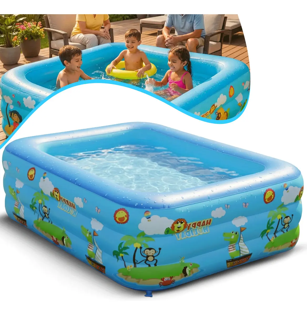 Piscina Infantil Inflável 460l Grande Retangular Pvc Reforçada 3 Anéis Criança Diversão No Verão Azul