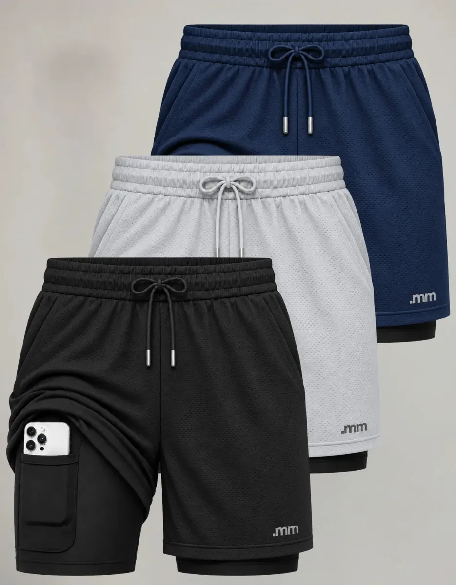 Kit 3 Bermudas 2 Em 1 Short Duplo Masculino Academia Treino