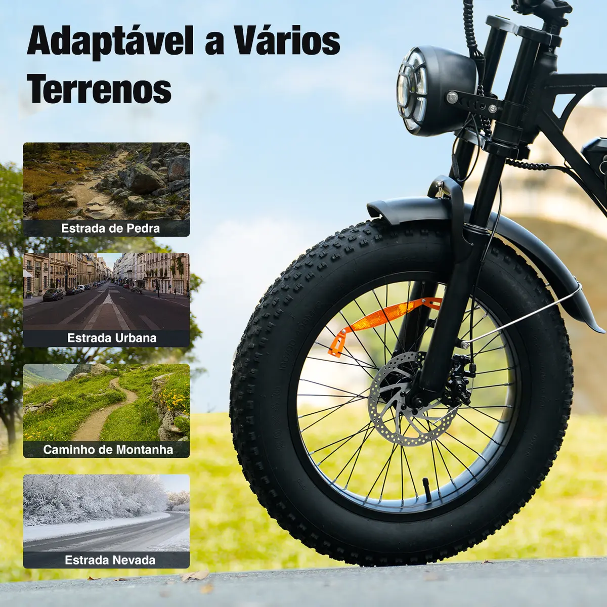 Imagem mostrando a versatilidade da bicicleta elétrica em quatro tipos de terrenos diferentes