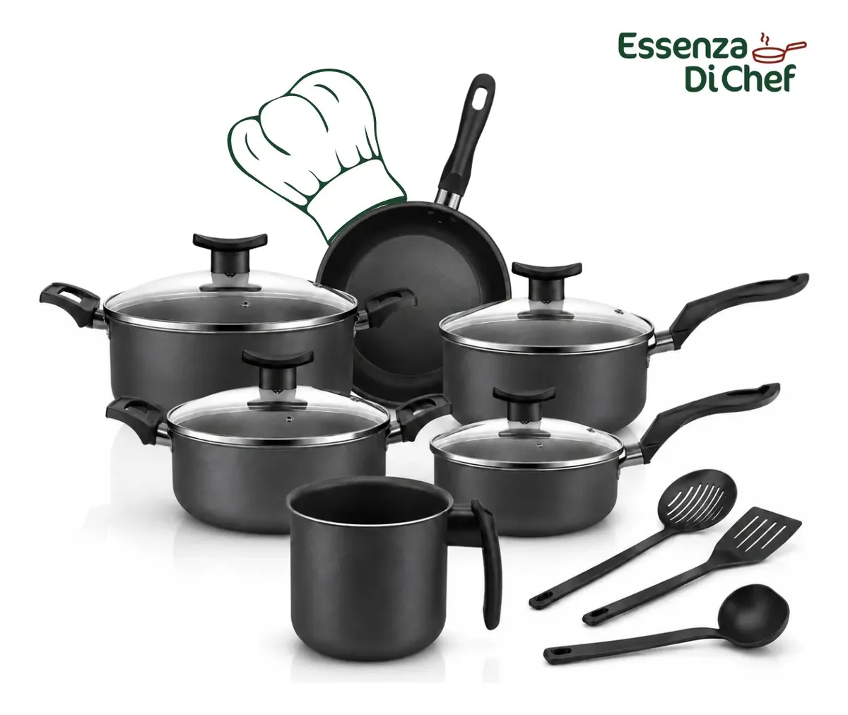 Conjunto De Panelas 9 Peças Antiaderente Com Tampa De Vidro E Utensílios Fogão A Gás Preto