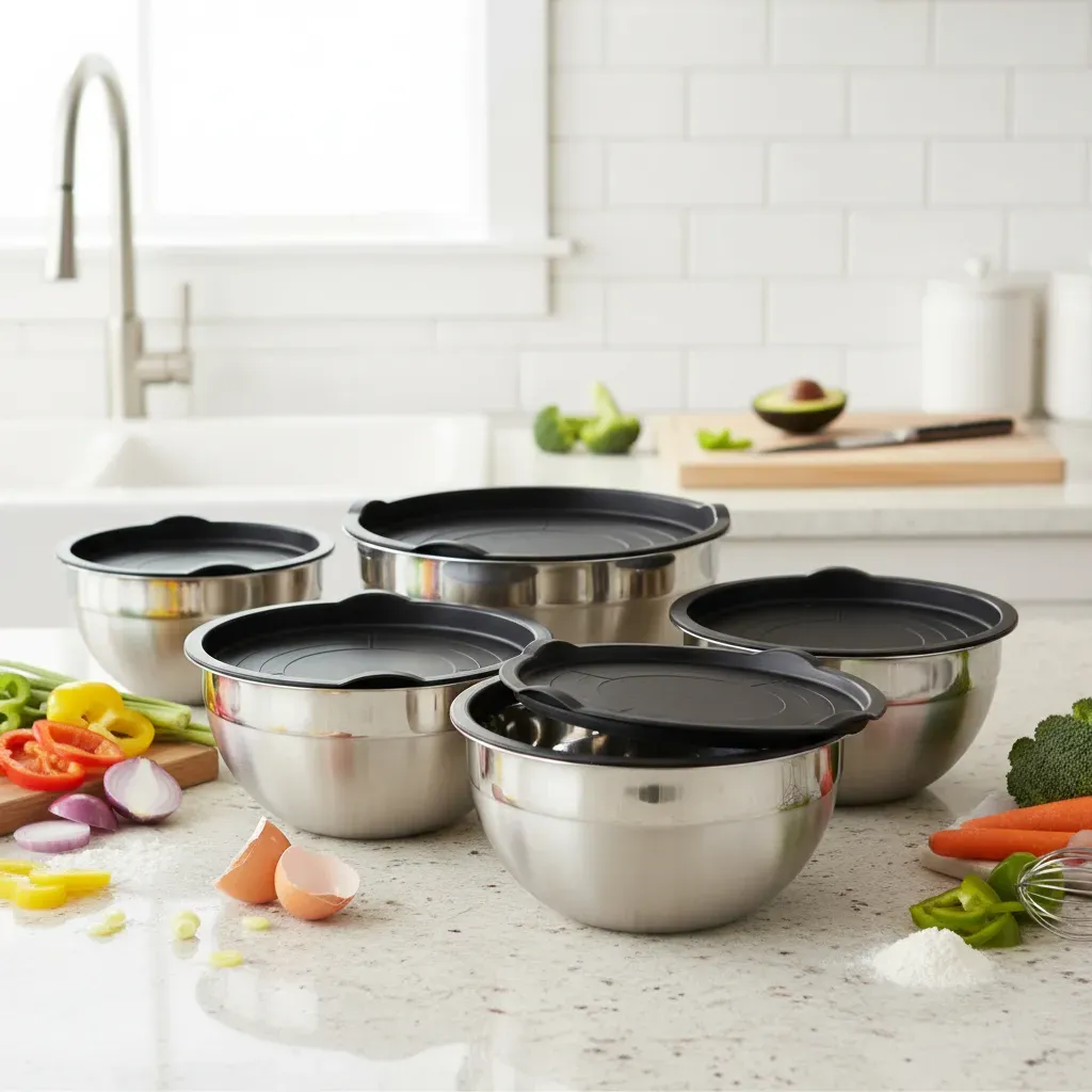 Conjunto De Bowls Tigelas De Inox 5 C/ Tampa Plásticas Prateado