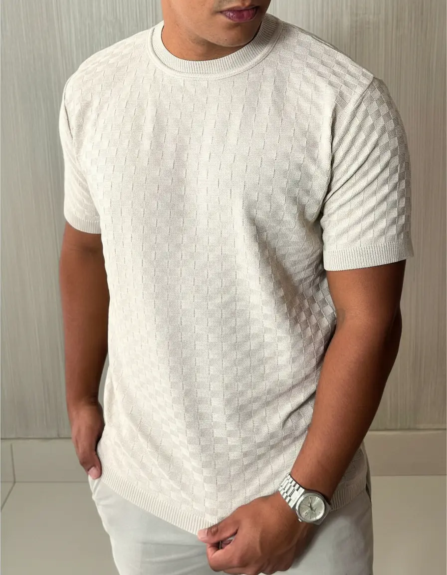 Camiseta Masculina Manga Curta Xadrez Tricô Leve Elegante
