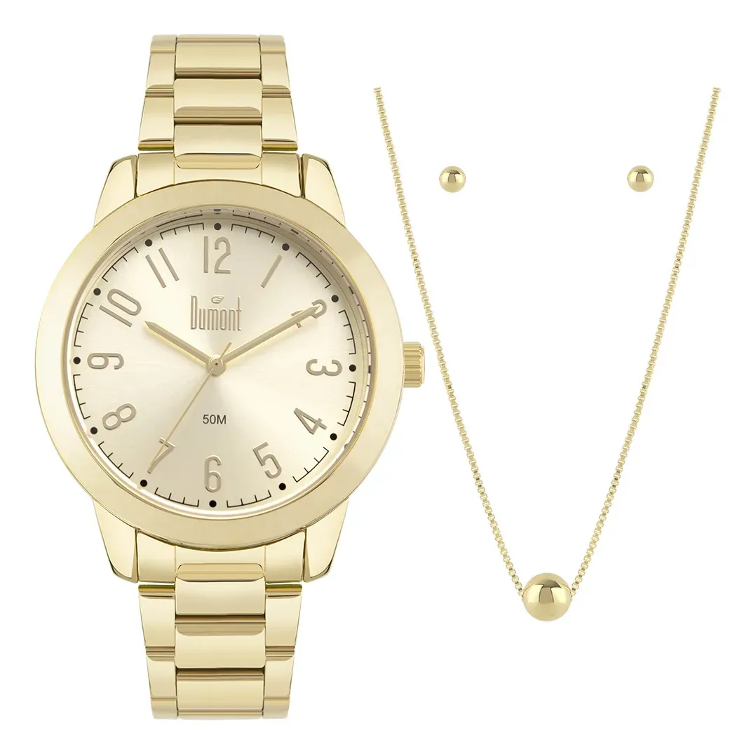 Kit Relógio Feminino Dourado Dumont Com Semijoia Dourado