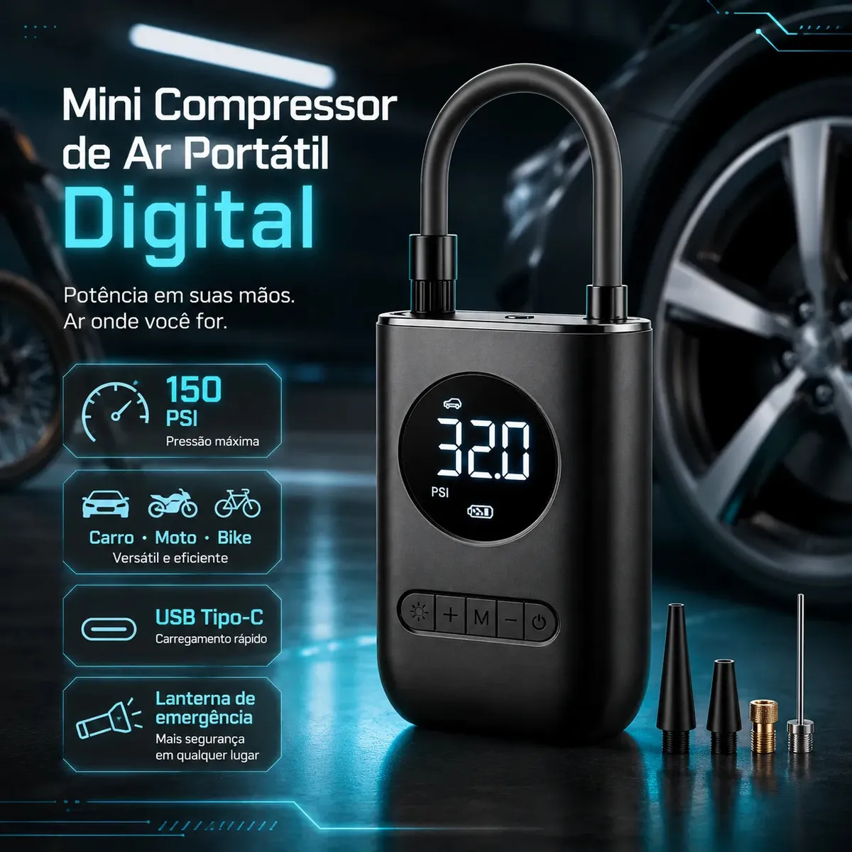 Compressor De Ar Digital Mini Portátil Recarregável Usb-c Para Pneus De Bicicleta Moto Carro Bolas Infláveis Preto