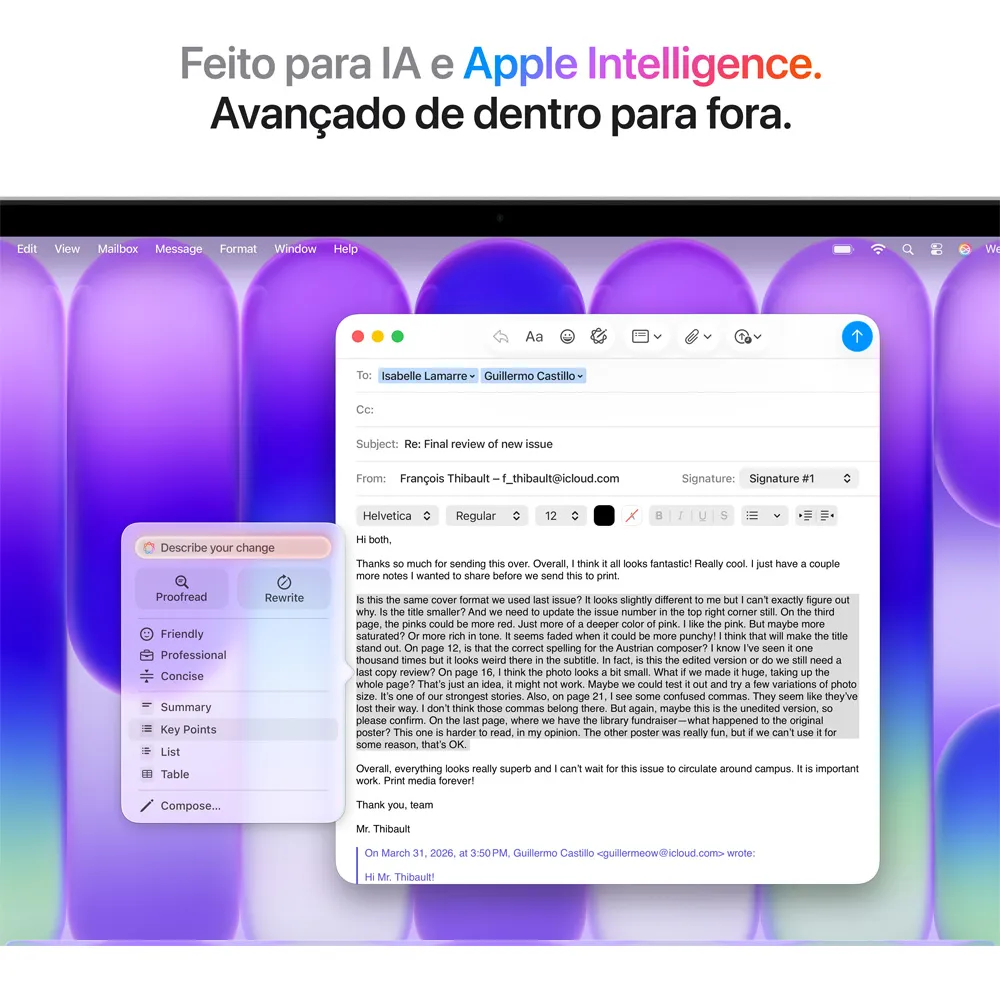 Tela do Macbook Neo mostrando um editor de texto com ferramentas de Apple Intelligence