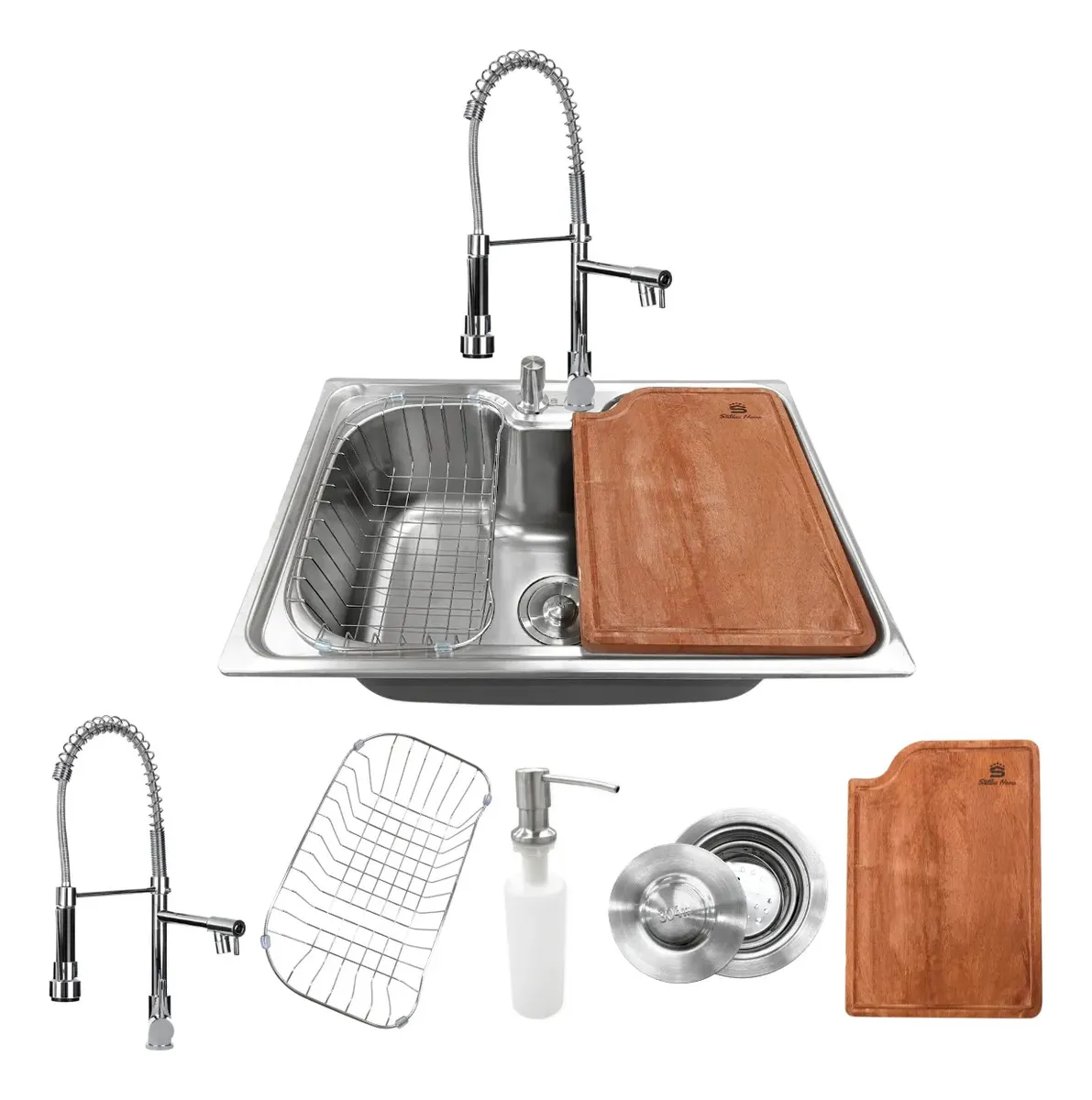 Cuba Pia Cozinha Gourmet 50x40cm Aço Inox 304 + Torneira Gourmet Monocomando Misturador Água Quente Fria Tábua Madeira Acessórios Dispenser Dosador Detergente Ralo Sifão Escorredor Stillus Home