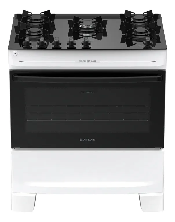 Fogão 5 Bocas Atlas Mônaco Top Glass Automático Mesa De Vidro Branco