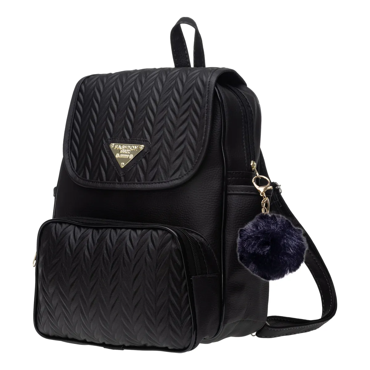 Mochila Feminina Bolsa Escolar Reforçada Trabalho C/ Pompom Preto Estampado