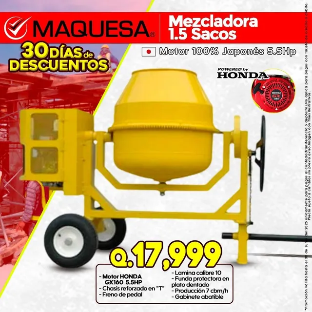Mezcladoras Jf 1.5 Sacos Motor Honda Gx160 En Maquesa 
