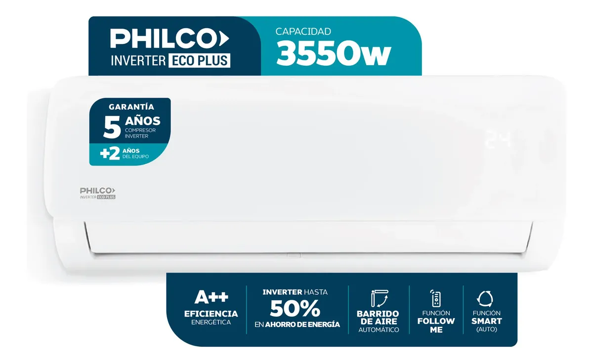 Aire Acondicionado Split Inverter Frio/Calor Philco PHIN35HA3BN 3053FG/3550W EcoPlus Blanco