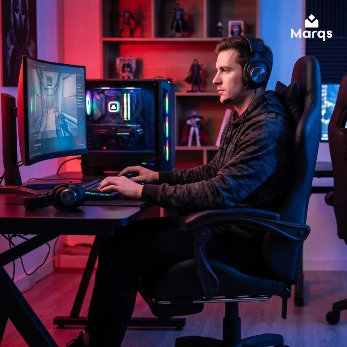 Cadeira De Escritorio Gamer Ergonômica Dunamis Preta Marqs Home Reclinável 180kg Resistente Giratória Confortavel Computador Preto Courino Sintético