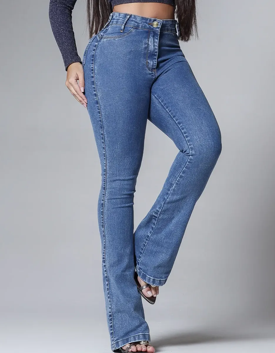 Calça Flare Jeans Marmorizada Cintura Alta Com Elastano Fler